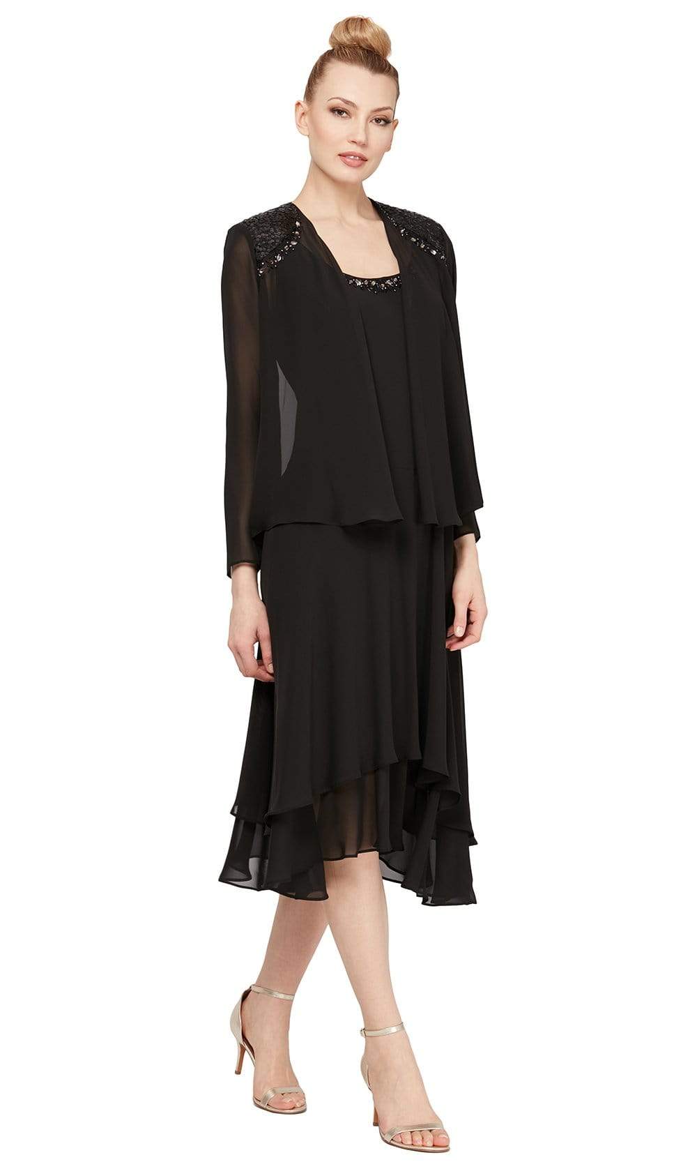 S.L. Fashions - 116184 Bejeweled Scoop Neck Chiffon Dress With Jacket Wedding Guest 14 / Black