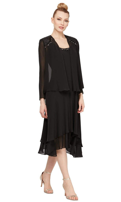 S.L. Fashions - 116184 Bejeweled Scoop Neck Chiffon Dress With Jacket Wedding Guest 14 / Black