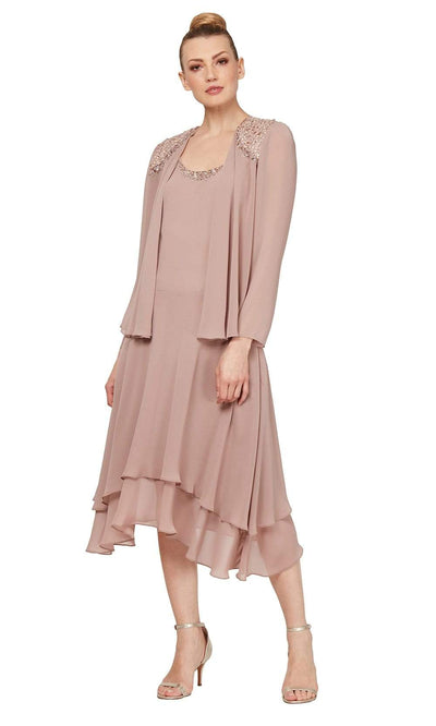 S.L. Fashions - 116184 Bejeweled Scoop Neck Chiffon Dress With Jacket Wedding Guest 14 / Cashmere
