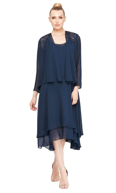 S.L. Fashions - 116184 Bejeweled Scoop Neck Chiffon Dress With Jacket Wedding Guest 14 / Navy