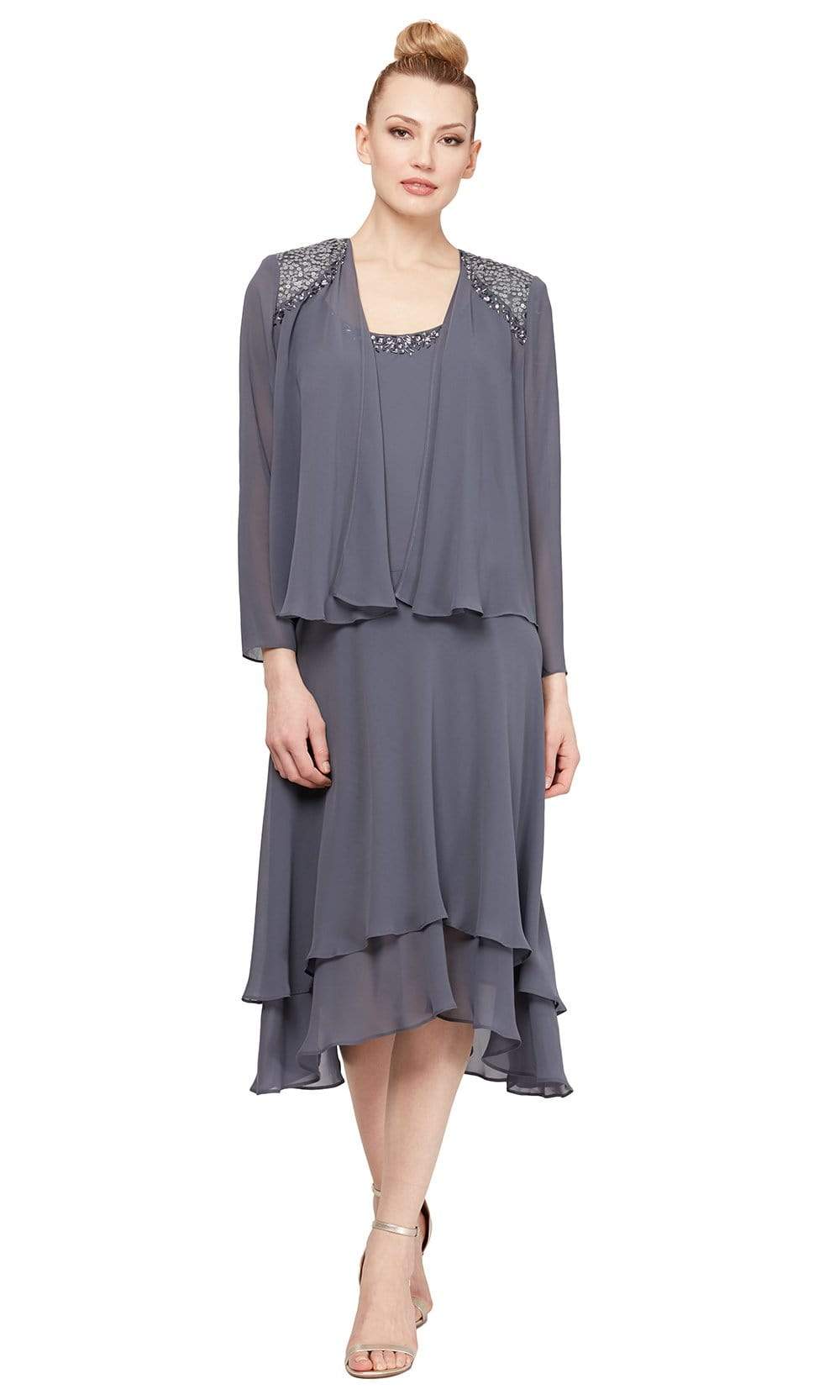 S.L. Fashions - 116184 Bejeweled Scoop Neck Chiffon Dress With Jacket Wedding Guest 8 / Steel