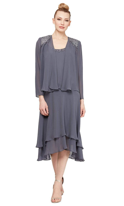 S.L. Fashions - 116184 Bejeweled Scoop Neck Chiffon Dress With Jacket Wedding Guest 8 / Steel