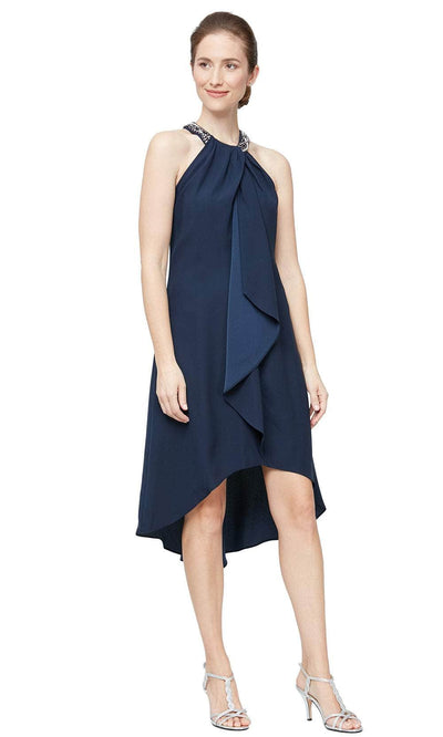 S.L. Fashions 119005 - Beaded Halter High Low Dress Special Occasion Dress 6 / Navy