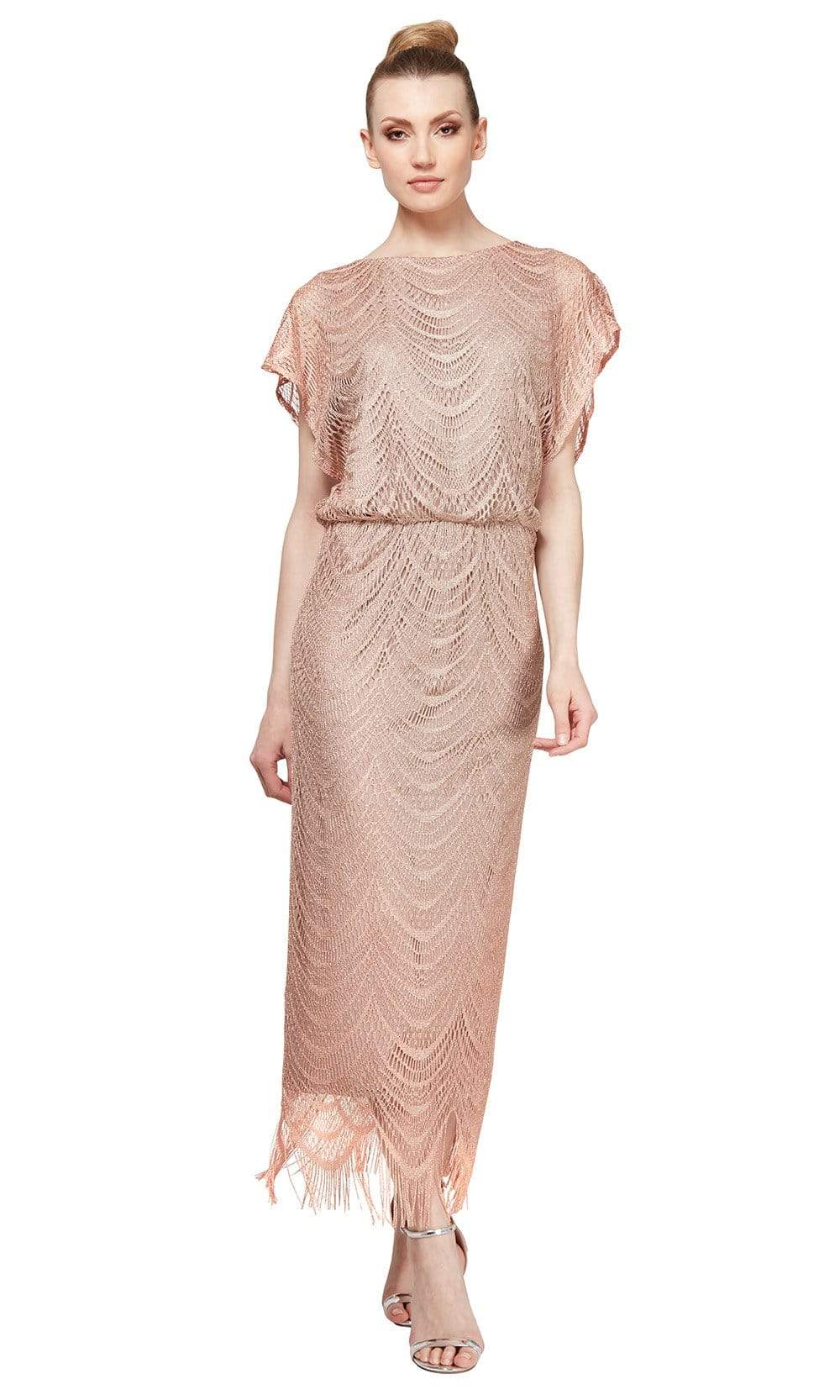 S.L. Fashions - 195173 Flutter Sleeve Fringed Crochet Dress Wedding Guest 16 / Gold