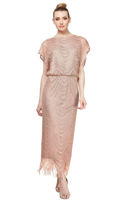 S.L. Fashions - 195173 Flutter Sleeve Fringed Crochet Dress Wedding Guest 16 / Gold