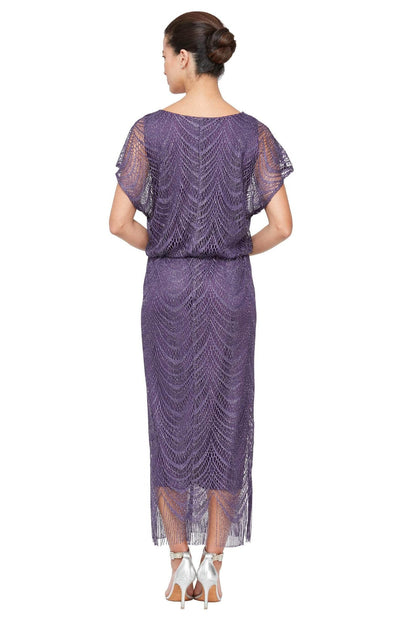 S.L. Fashions - 195173 Flutter Sleeve Fringed Crochet Dress Wedding Guest