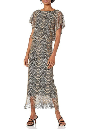 S.L. Fashions - 195173 Flutter Sleeve Fringed Crochet Dress Wedding Guest