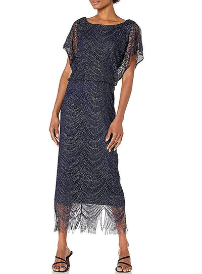 S.L. Fashions - 195173 Flutter Sleeve Fringed Crochet Dress Wedding Guest