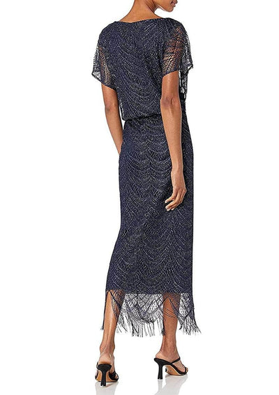 S.L. Fashions - 195173 Flutter Sleeve Fringed Crochet Dress Wedding Guest