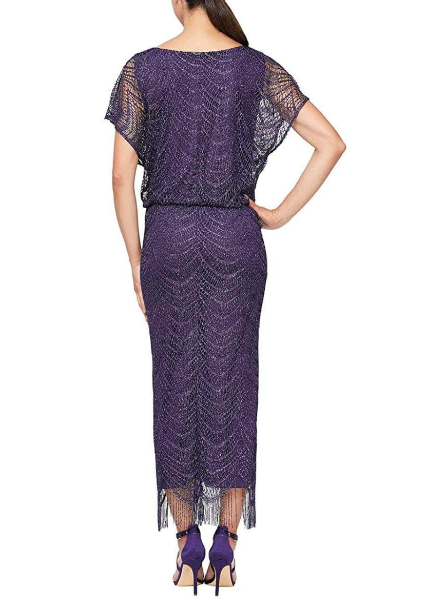 S.L. Fashions - 195173 Flutter Sleeve Fringed Crochet Dress Wedding Guest