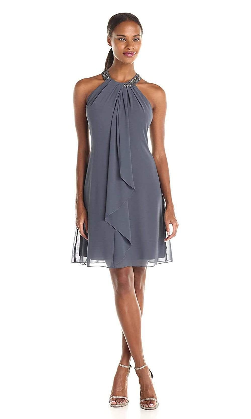 S.L. Fashions - 411105SC Halter Neck Short Chiffon Dress In Gray