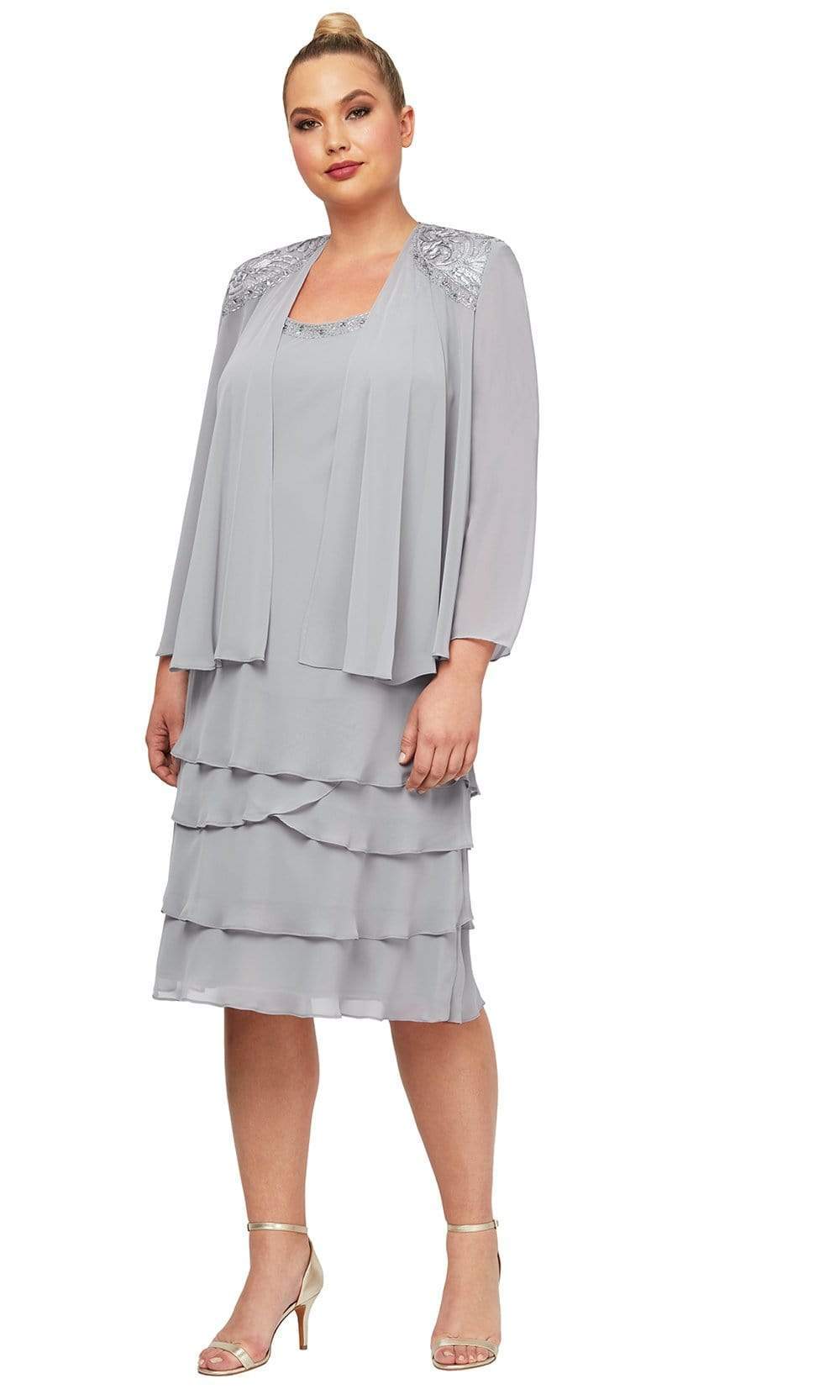 S.L. Fashions - 622372 Beaded Scoop Neck Chiffon Dress With Jacket Cocktail Dresses 14W / Concrete