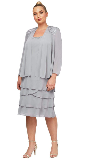S.L. Fashions - 622372 Beaded Scoop Neck Chiffon Dress With Jacket Cocktail Dresses 14W / Concrete