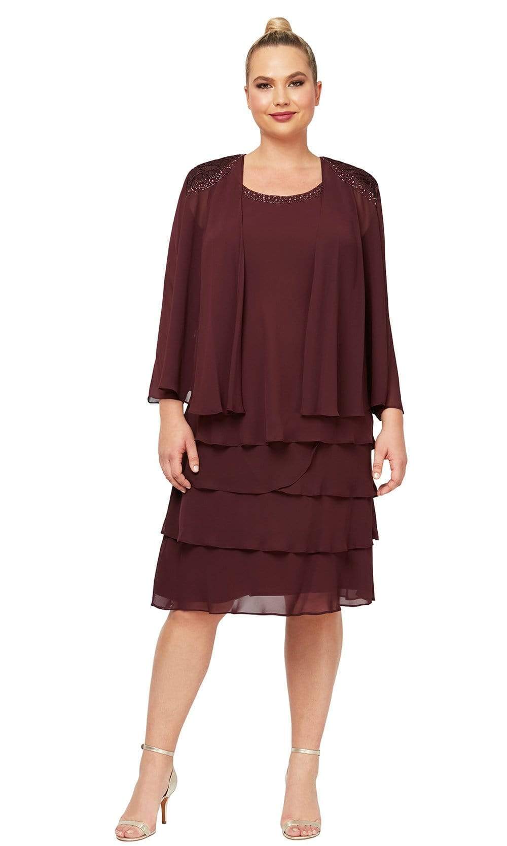 S.L. Fashions - 622372 Beaded Scoop Neck Chiffon Dress With Jacket Cocktail Dresses 14W / Fig