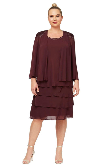 S.L. Fashions - 622372 Beaded Scoop Neck Chiffon Dress With Jacket Cocktail Dresses 14W / Fig
