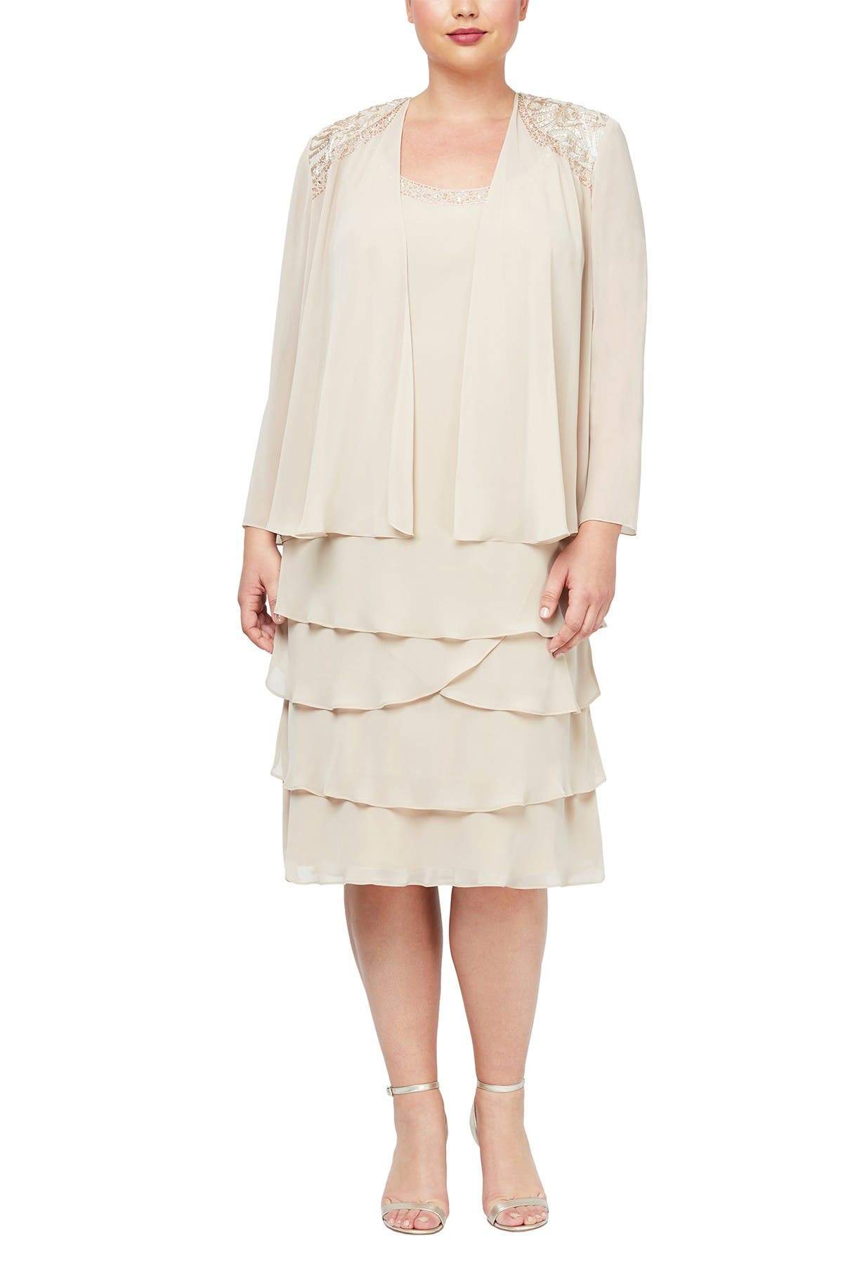 S.L. Fashions - 622372 Beaded Scoop Neck Chiffon Dress With Jacket Cocktail Dresses 14W / Winter Ivory