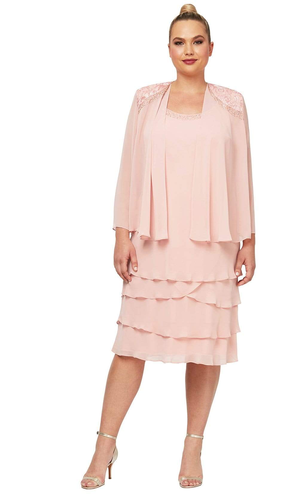 S.L. Fashions - 622372 Beaded Scoop Neck Chiffon Dress With Jacket Cocktail Dresses 16W / Faded Rose