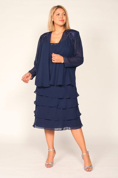 S.L. Fashions - 622372 Beaded Scoop Neck Chiffon Dress With Jacket Cocktail Dresses 18W / Navy