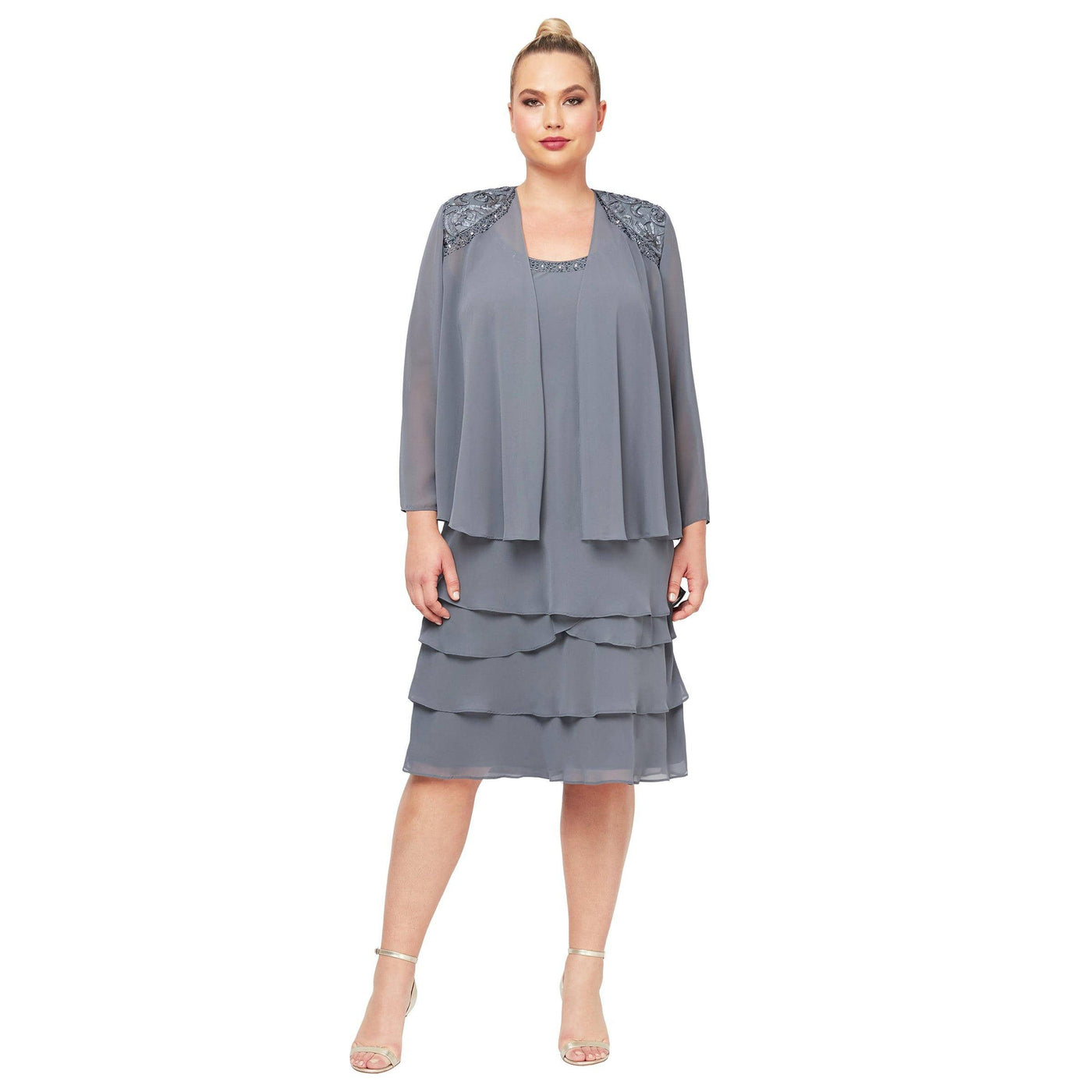 S.L. Fashions - 622372 Beaded Scoop Neck Chiffon Dress With Jacket Cocktail Dresses