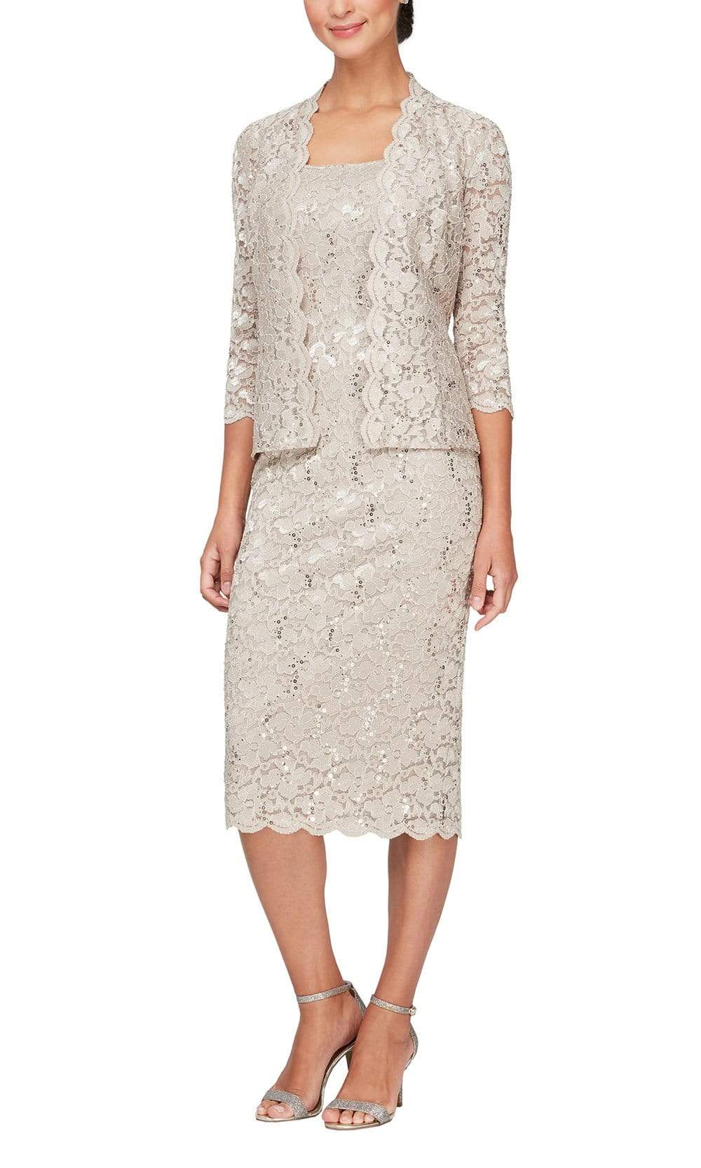 S.L. Fashions - 9113104SC Square Neck Lace Two Piece Formal Dress