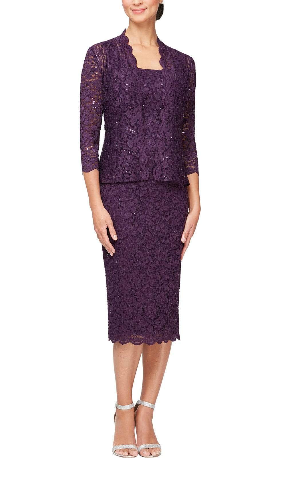 S.L. Fashions - 9113104SC Square Neck Lace Two Piece Formal Dress In Purple