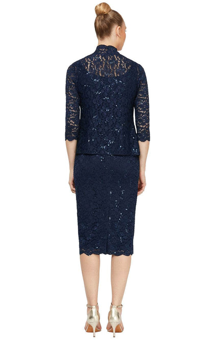 SLNY 9113104 - Sequined Lace Midi Dress with Matching Jacket Semi Formal