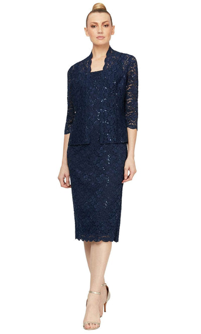 SLNY 9113104 - Sequined Lace Midi Dress with Matching Jacket Semi Formal