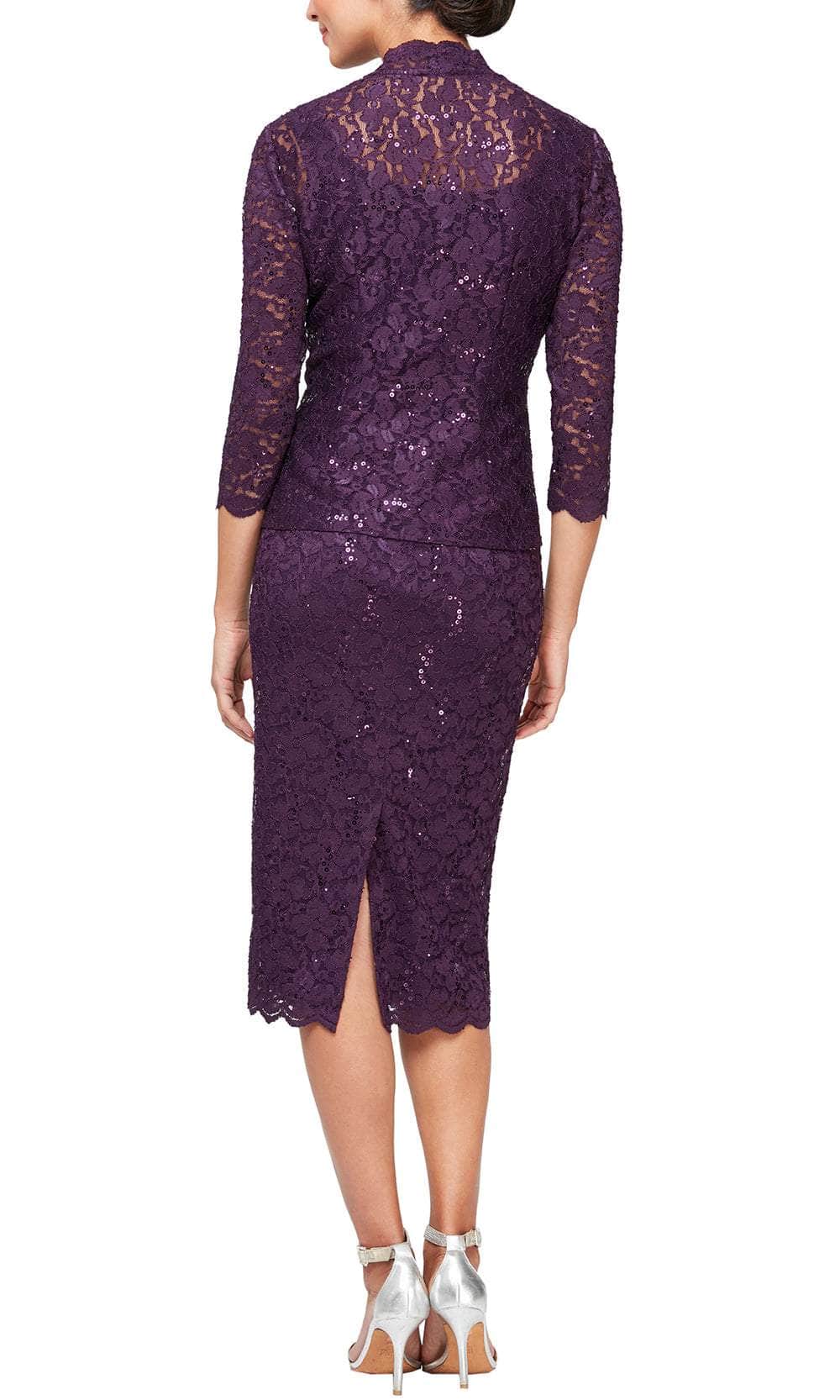 SLNY 9113104 - Sequined Lace Midi Dress with Matching Jacket Semi Formal