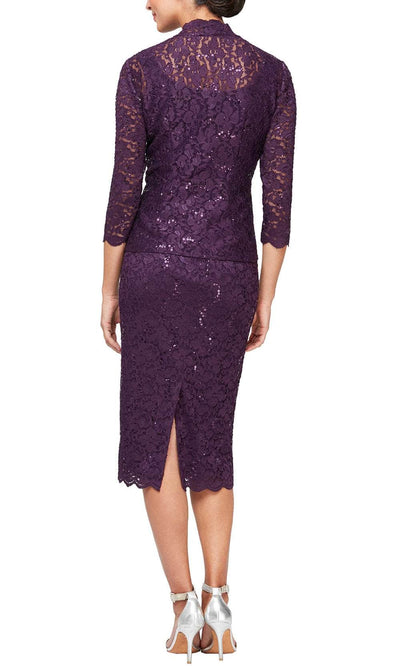 SLNY 9113104 - Sequined Lace Midi Dress with Matching Jacket Semi Formal