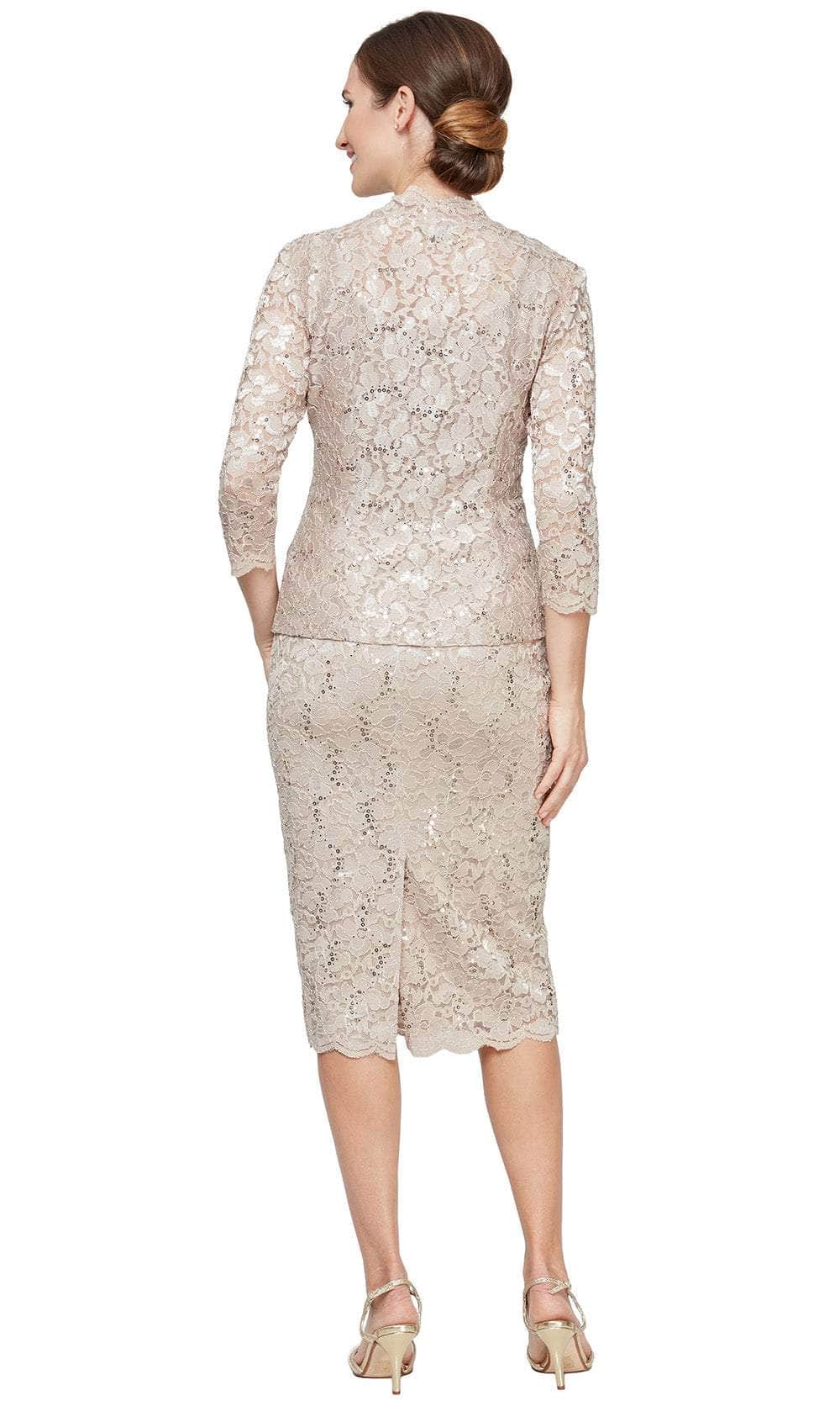 sl fashions sequined lace midi dress SL Fashions Women's V-Neck Sheath Jacket Dress - Buff