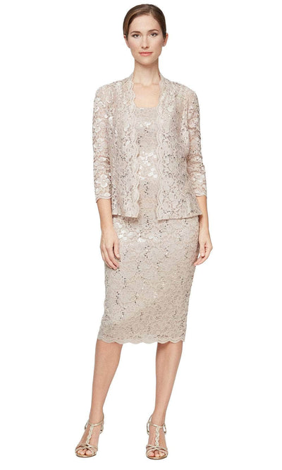 SLNY 9113104 - Sequined Lace Midi Dress with Matching Jacket Semi Formal