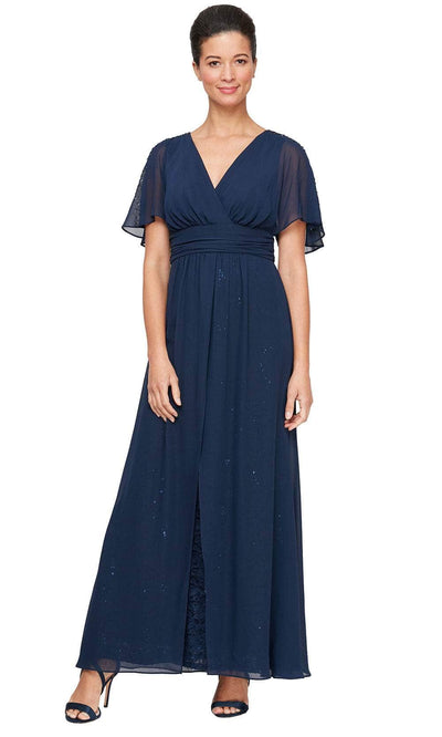 S.L. Fashions 9113130 - Glitter Lace V-Neck A-Line Gown Mother of the Bride Dresses