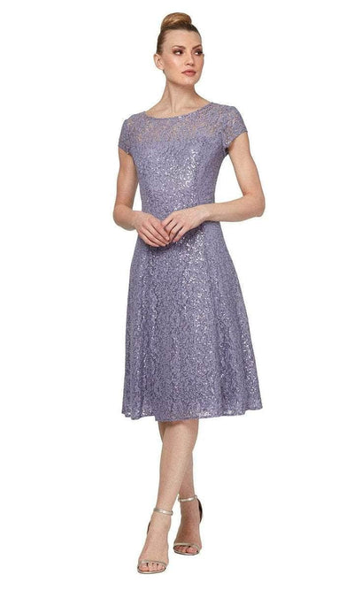 S.L. Fashions - 9119129 Embroidered Scoop Neck Tea Length Dress - 1 pc Mystic Heather In Size 12 Available CCSALE 12 / Mystic Heather