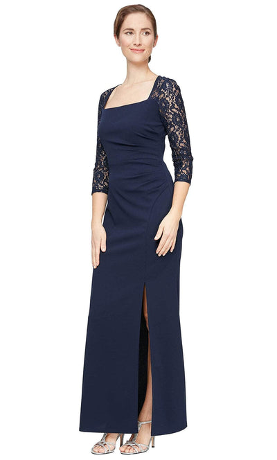 S.L. Fashions 9137210 - Square Neck Lace Formal Dress Mother of the Bride Dresses 6 / Navy