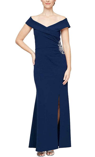 S.L. Fashions 9137212 - Off Shoulder Slit Evening Dress Evening Dresses 6 / Navy