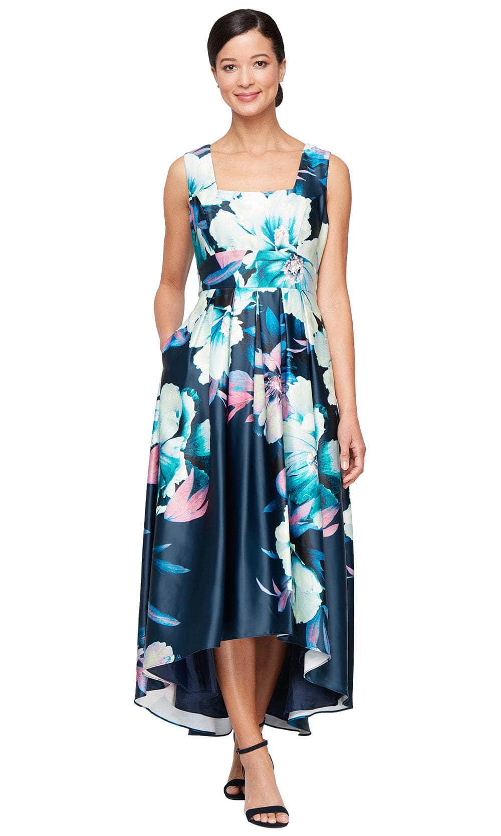 S.L. Fashions 9152126 - Square Neckline Printed High-Low Dress Formal Gowns