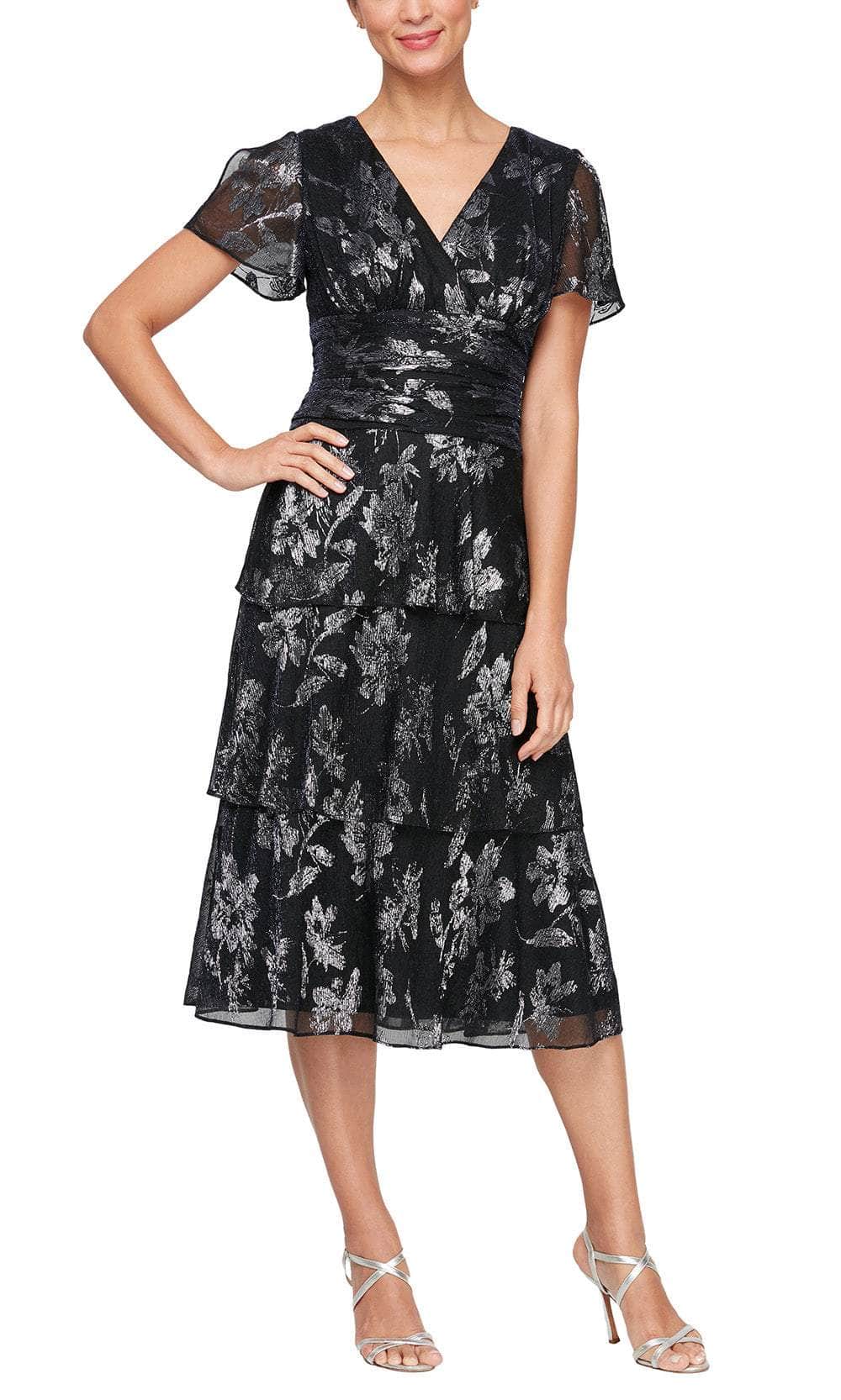 S.L. Fashions 9155206 - Short Sleeve Tiered Evening Dress Cocktail Dresses 2 /  Navy/Silver
