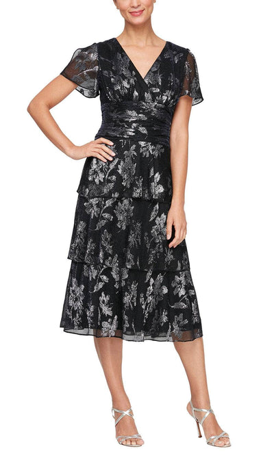 S.L. Fashions 9155206 - Short Sleeve Tiered Evening Dress Cocktail Dresses 2 /  Navy/Silver