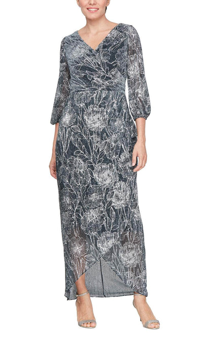 S.L. Fashions 9155232 - Foil Printed V-Neck Evening Dress Mother of the Bride Dresses 2 /  Teal/Silver