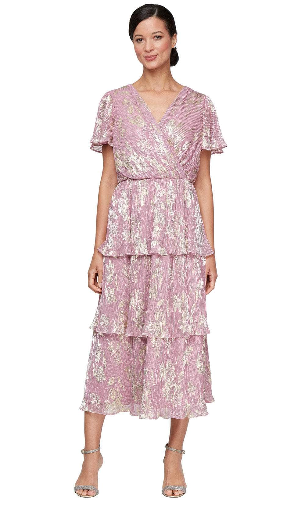 S.L. Fashions 9155245 - V-Neck Tea-Length Tiered Dress Wedding Guest
