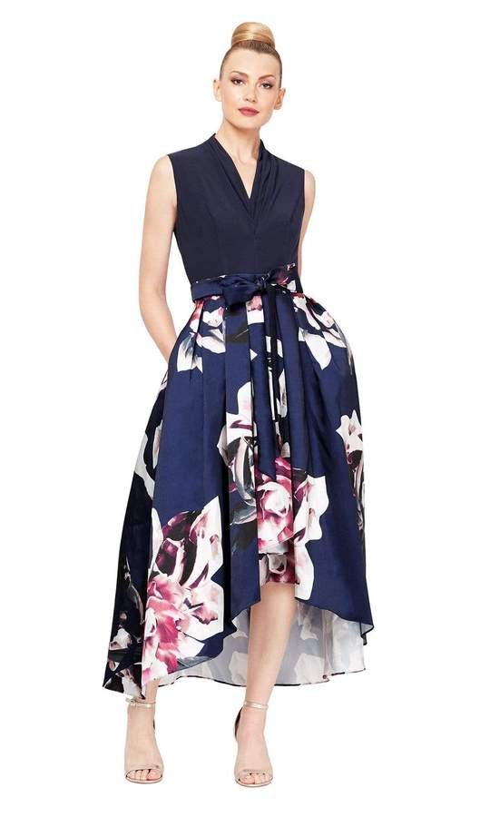 S.L. Fashions - 9159236SC V Neck Floral Printed Tea Length Dress In Blue