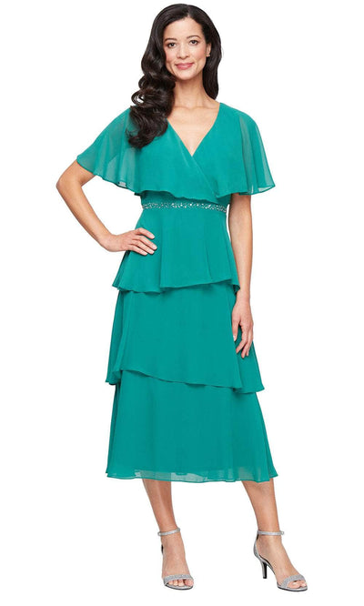 S.L. Fashions 9170738 - V-Neck Capelet Tea-Length Dress Wedding Guest