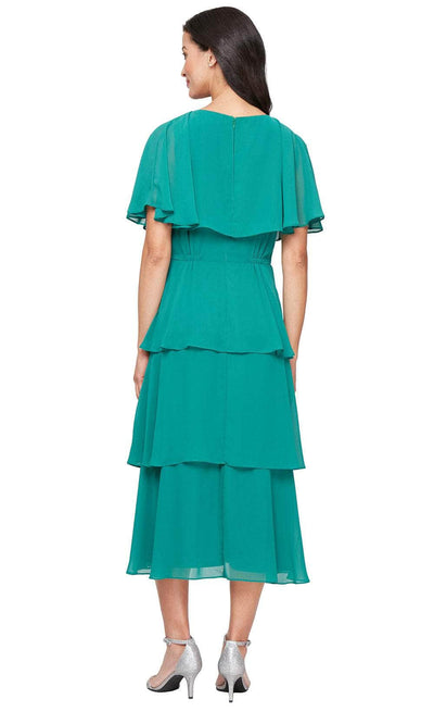 S.L. Fashions 9170738 - V-Neck Capelet Tea-Length Dress Wedding Guest