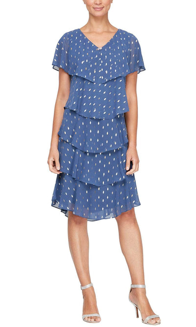 S.L. Fashions 9171507 - Short Sleeve Tiered Formal Dress Semi Formal 2 /  Wedgewood