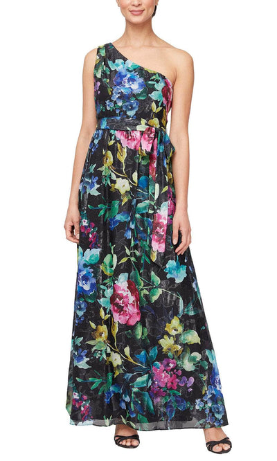 S.L. Fashions 9171928 - One Shoulder Floral Dress Prom Dresses 4 / Black Multi