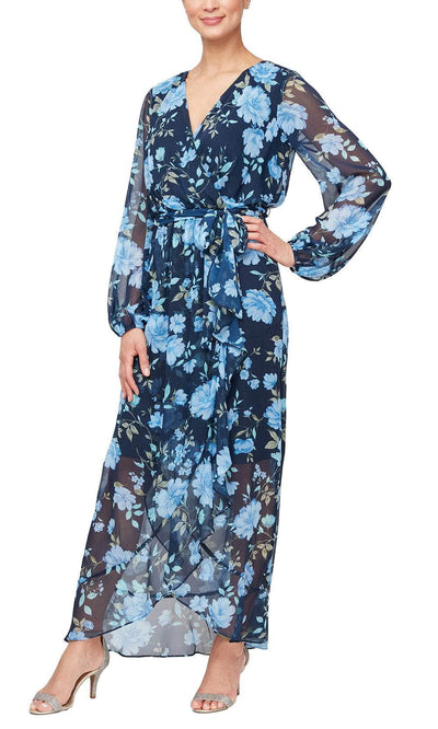 S.L. Fashions 9171942 - Floral Wrap Long Dress Mother of the Bride Dresses 4 / Navy Multi