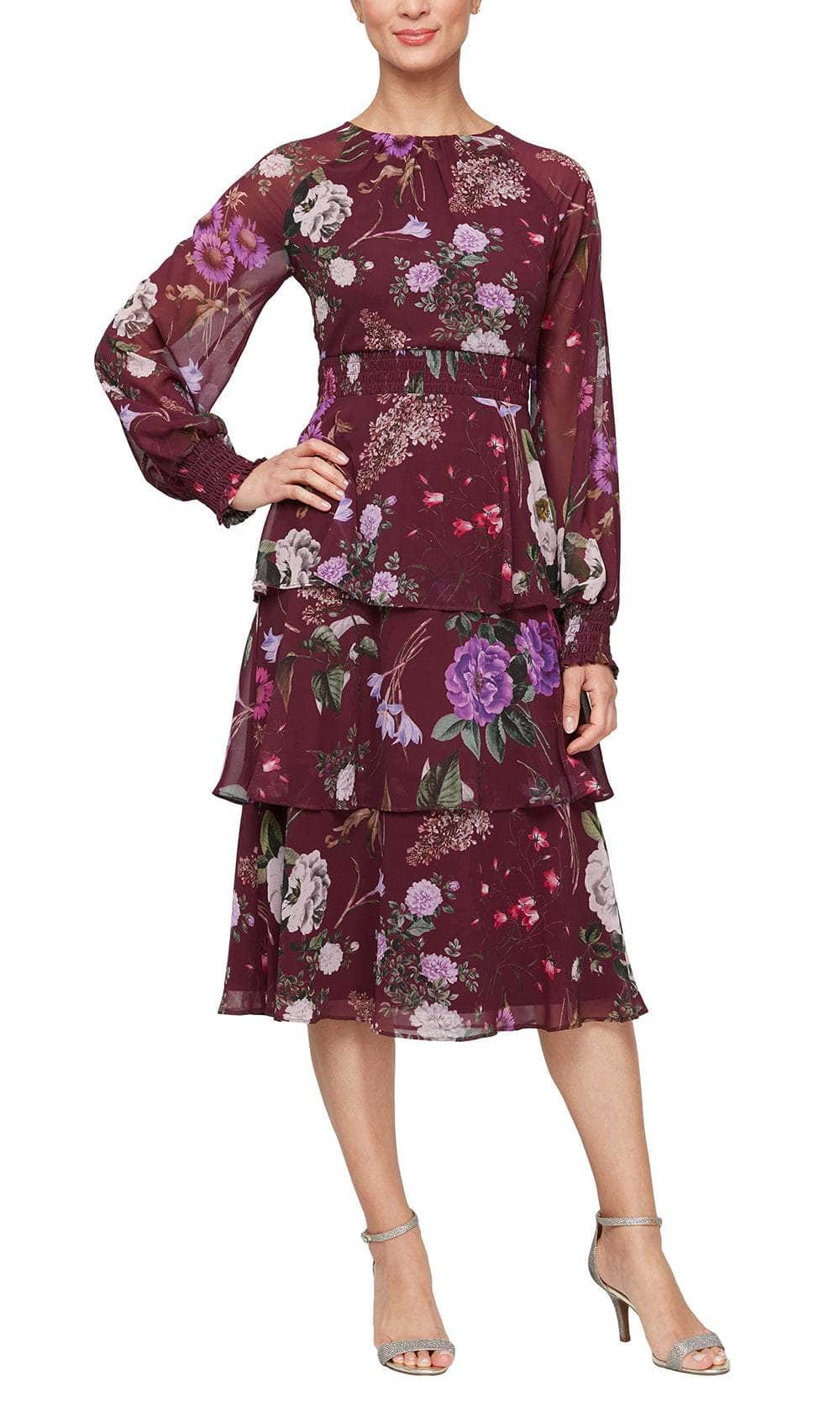 SLNY 9171970 - Bishop Sleeve Floral Dress Wedding Guest 4 / Fig Multi