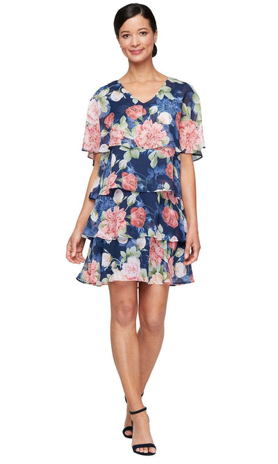S.L. Fashions 9172105 - V-Neck Floral Print Cocktail Dress Wedding Guest