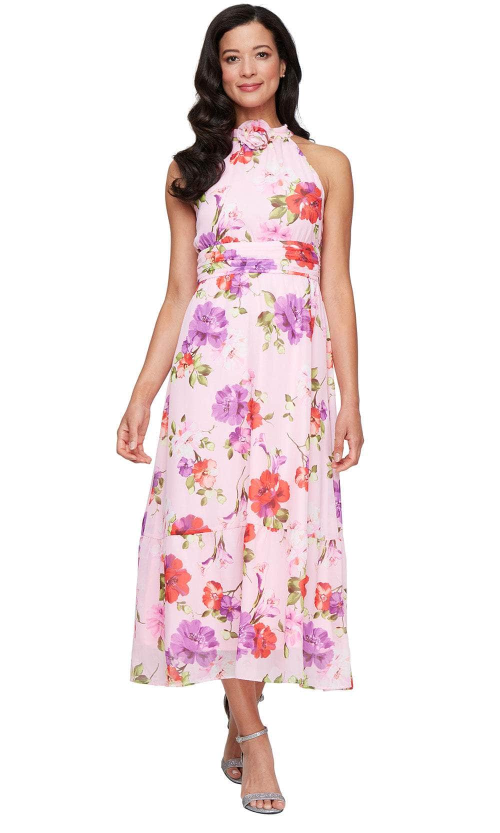 S.L. Fashions 9172115 - Sleeveless Floral High-Low Chiffon Dress with Tie Waist Wedding Guest