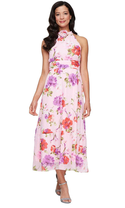 S.L. Fashions 9172115 - Sleeveless Floral High-Low Chiffon Dress with Tie Waist Wedding Guest